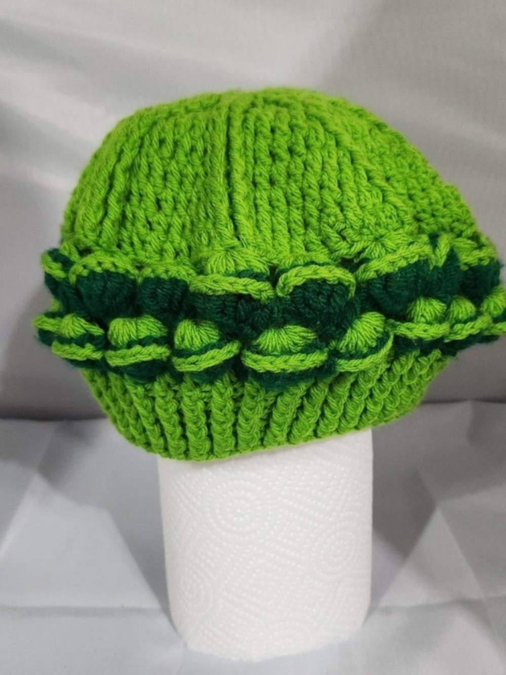 Bright Green Knit Women's Beanie with Dark Green Trim